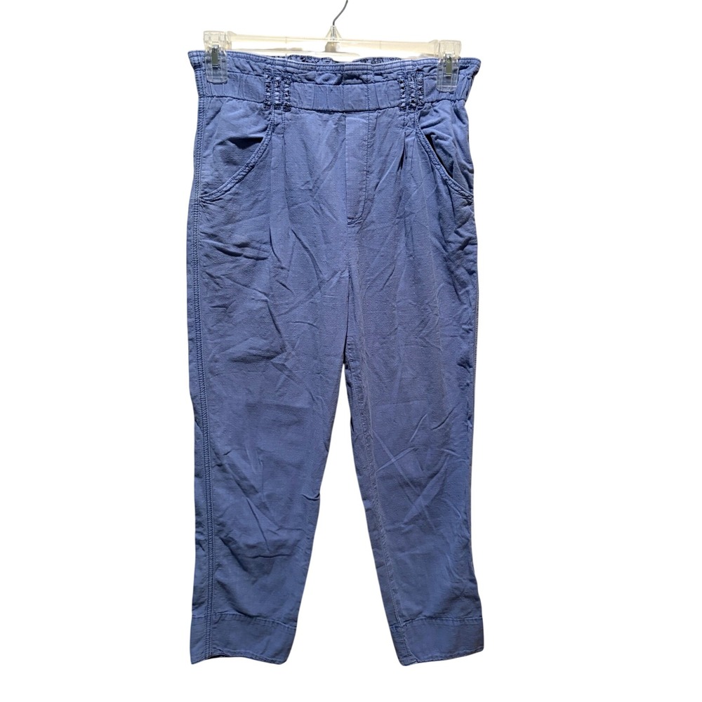 Anthropologie High Waisted Smocked Paperbag Pants Blue Cotton Tapered XS